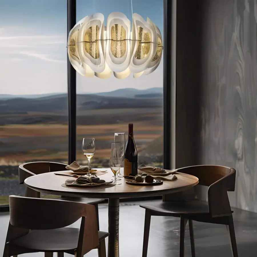Superior Slamp Fiordlys suspension lamp with organic form crafted in gold Opalflex® and Lentiflex® with cold foil