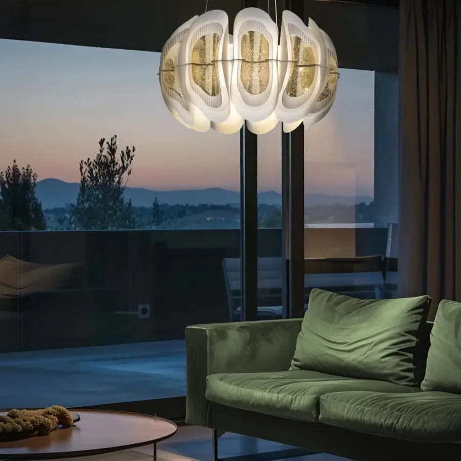Exceptional Slamp Fiordlys suspension lamp with spherical form built in matte white Opalflex®, Lentiflex®, and gold accented sections