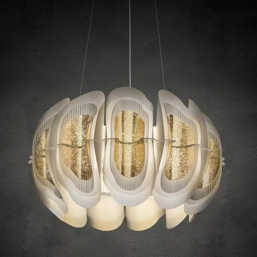 Elegant Slamp Fiordlys suspension lamp with curvilinear form crafted in white Opalflex®, Lentiflex® and cold foil
