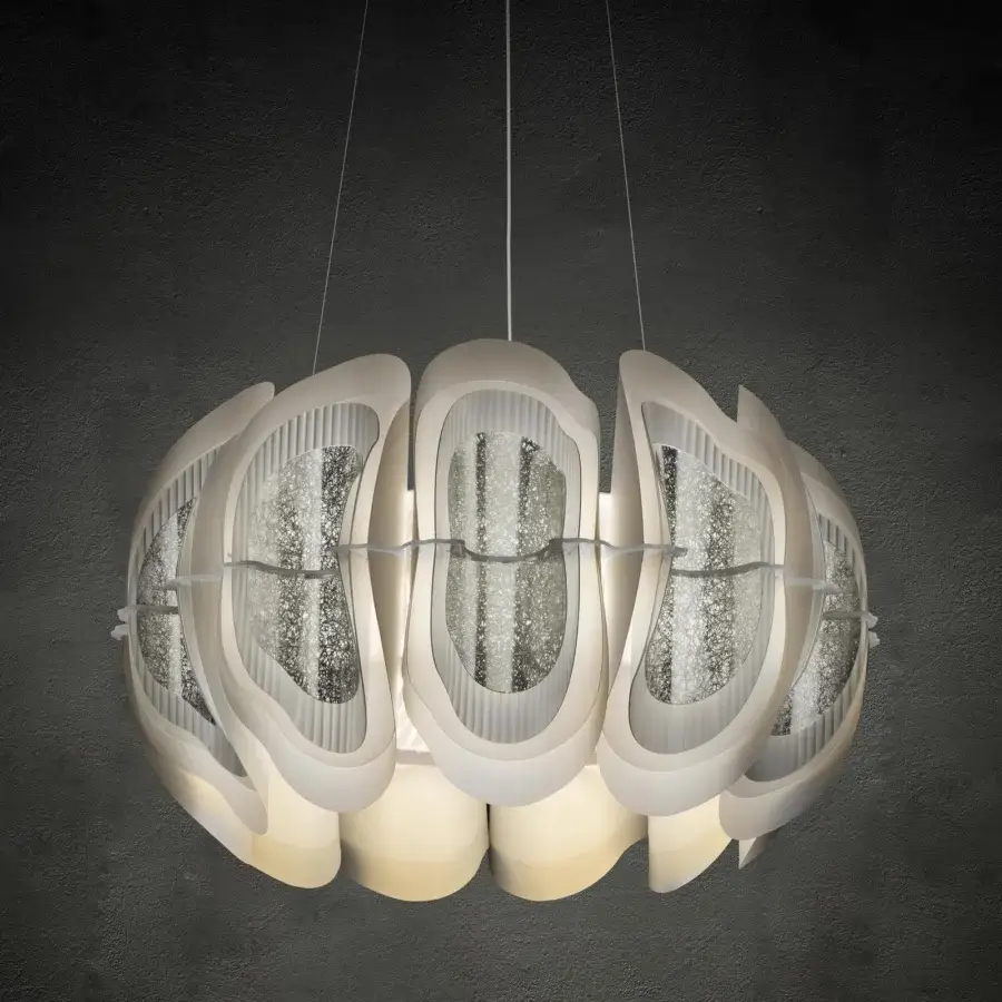 Distinguished Slamp Fiordlys suspension lamp with organic silhouette crafted in white Opalflex®, Lentiflex®, and Opalflex® materials