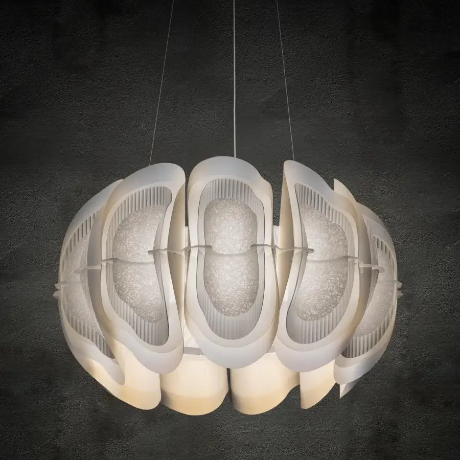 Exceptional Slamp Fiordlys suspension lamp with layered curved design crafted in matte white Opalflex® showcasing warm tones