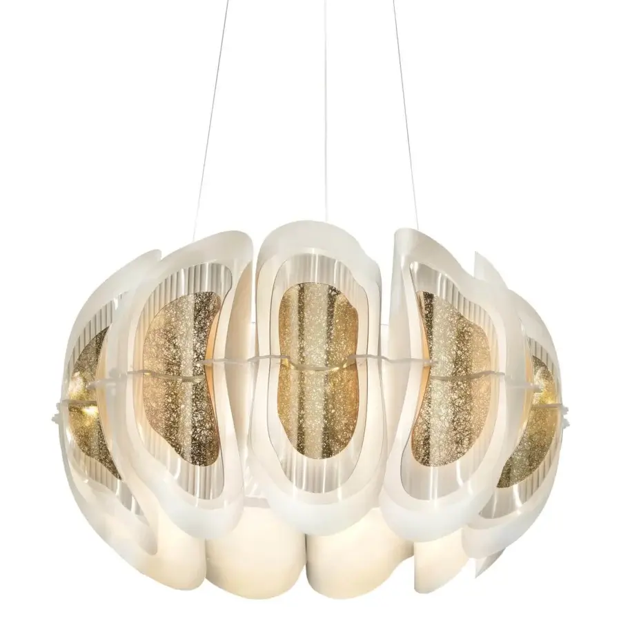 Superior Slamp Fiordlys suspension lamp with layered Opalflex® and gold tone internal elements in matte white finish