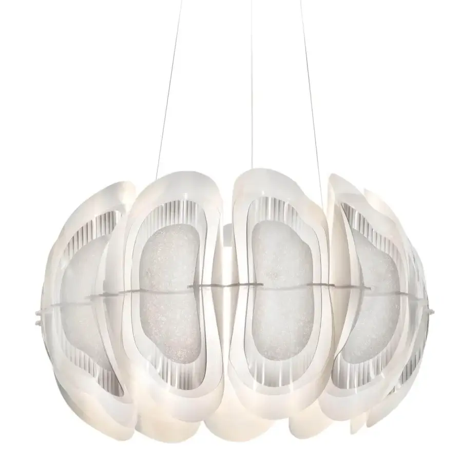 Elegant Slamp Fiordlys suspension lamp with organic form crafted from white Opalflex® and segmented textures