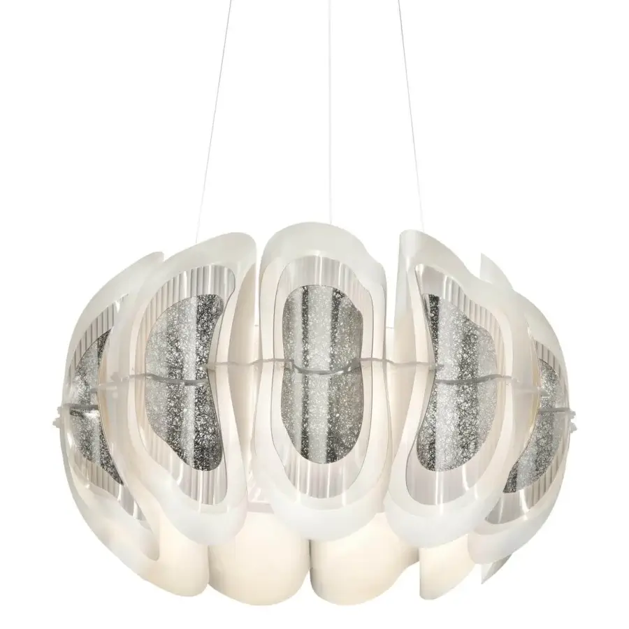 Distinctive Slamp Fiordlys suspension lamp with flattened spherical form in glossy white Opalflex® and subtle silver speckled pattern