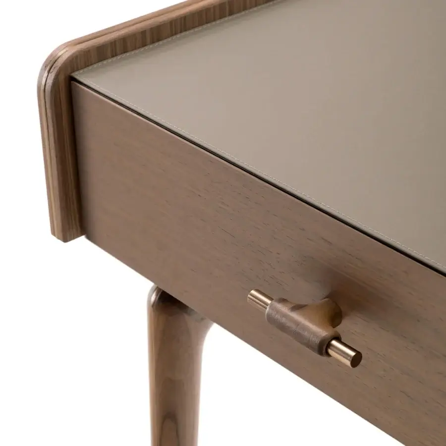 Superior Turri Blues nightstand with linear walnut wood complemented by elegant metal accents and taupe material
