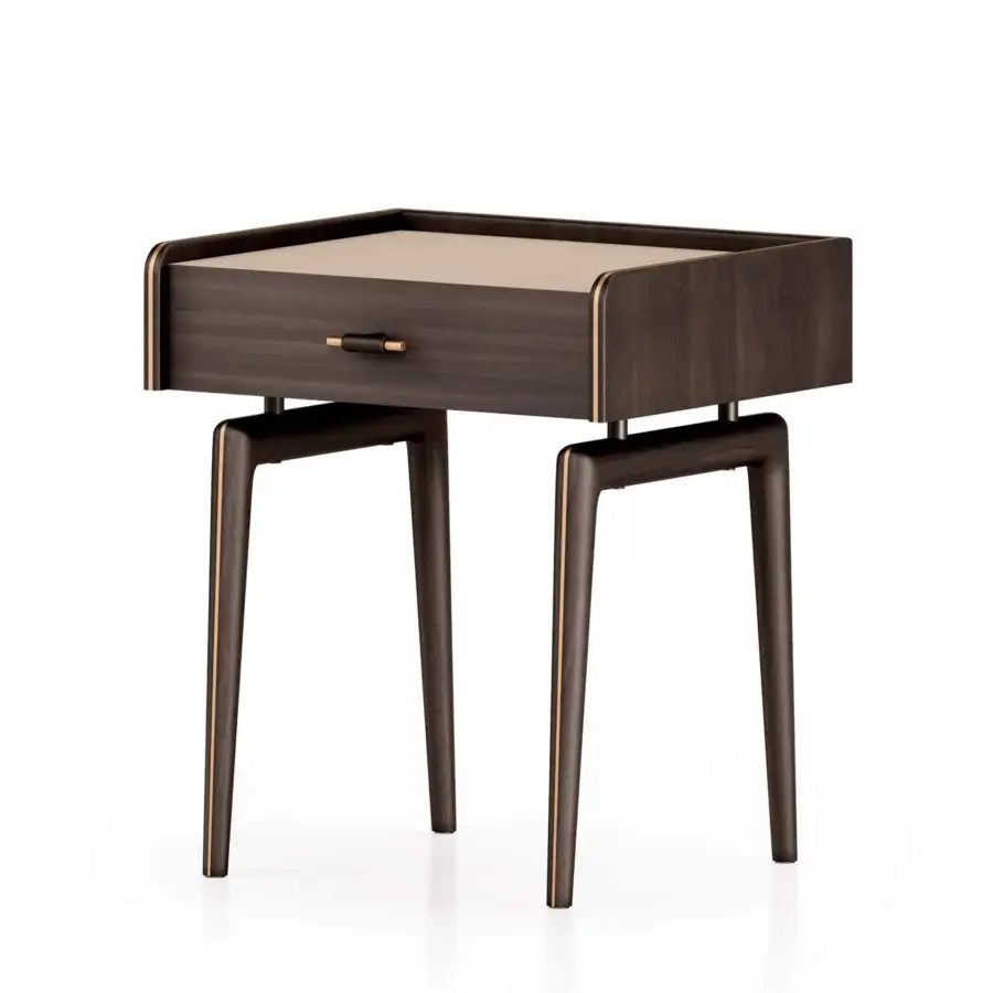 Distinguished Turri Blues nightstand with linear walnut wood accented by cylindrical metal pull handles and subtly curved legs