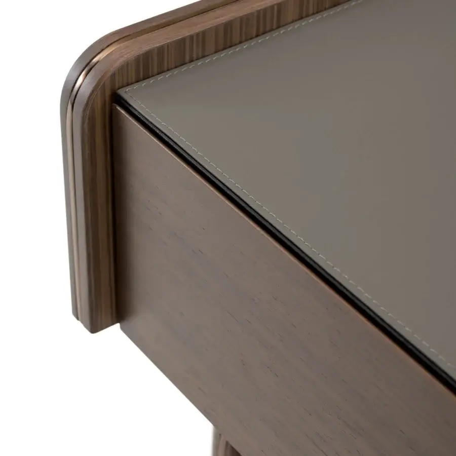 Superior Turri Blues nightstand with linear walnut wood structure and gray inset panel complemented by metal details