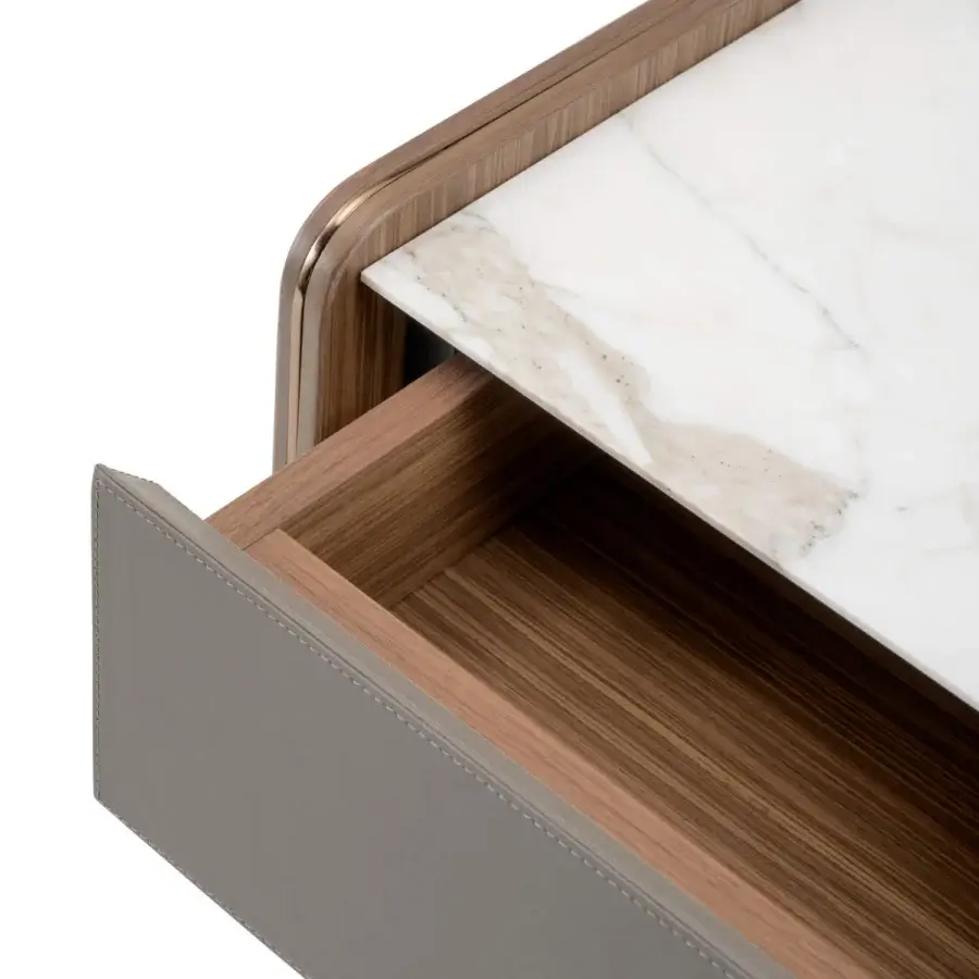 Elegant Turri Blues nightstand with linear walnut wood, white marble top and matte gray stitched drawer front