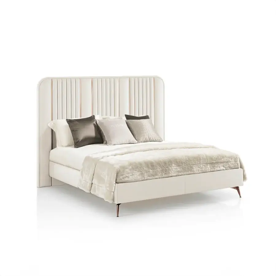 Distinguished DV Home Collection Hollywood bed crafted with light cream upholstery and refined steel inserts, built with slender dark finished legs