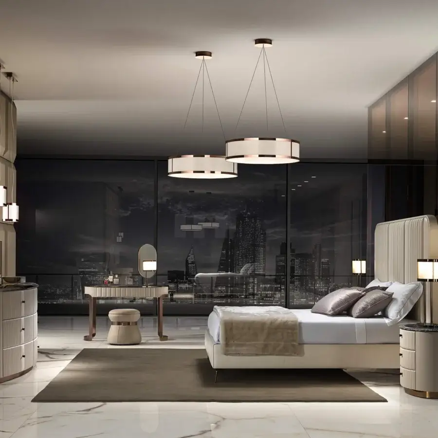 Sophisticated DV Home Collection Hollywood bed with light cream textile upholstery and refined steel inserts crafted in Italy