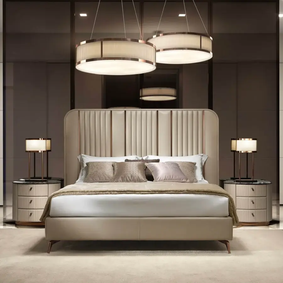 Exclusive DV Home Collection Hollywood bed with light cream textile upholstery, quilted headboard and dark metallic legs
