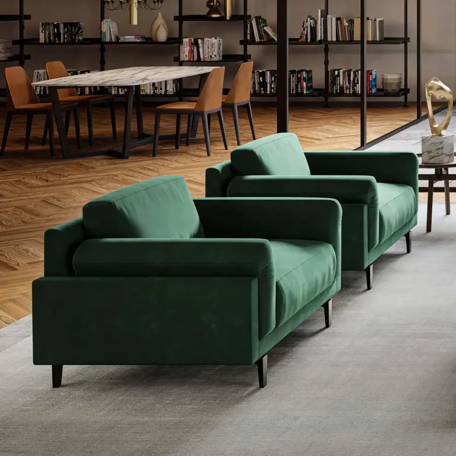 Distinguished Swan Italia Berry lounge chair with dark green textile upholstery and burnished metal feet