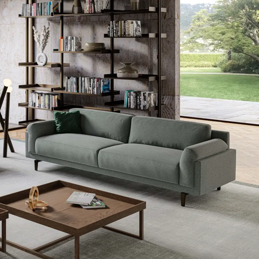 Superior Swan Italia Berry sofa with gray textile upholstery and burnished metal feet crafted in Italy