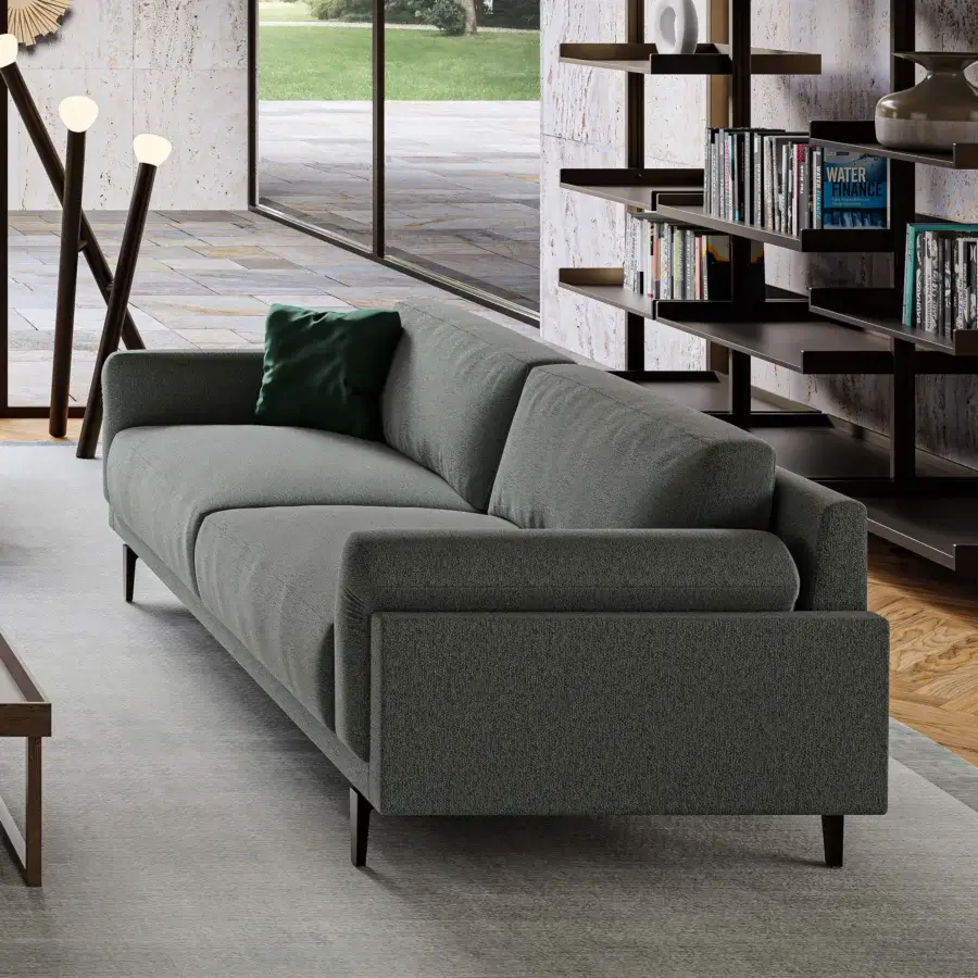 Exceptional Swan Italia Berry sofa with textured matte medium gray fabric, built with metal frame and burnished metal feet