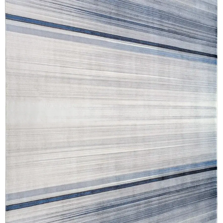 Lavish Turri Blues rug crafted with polyamide displaying white, gray and blue straight lines with a glossy finish