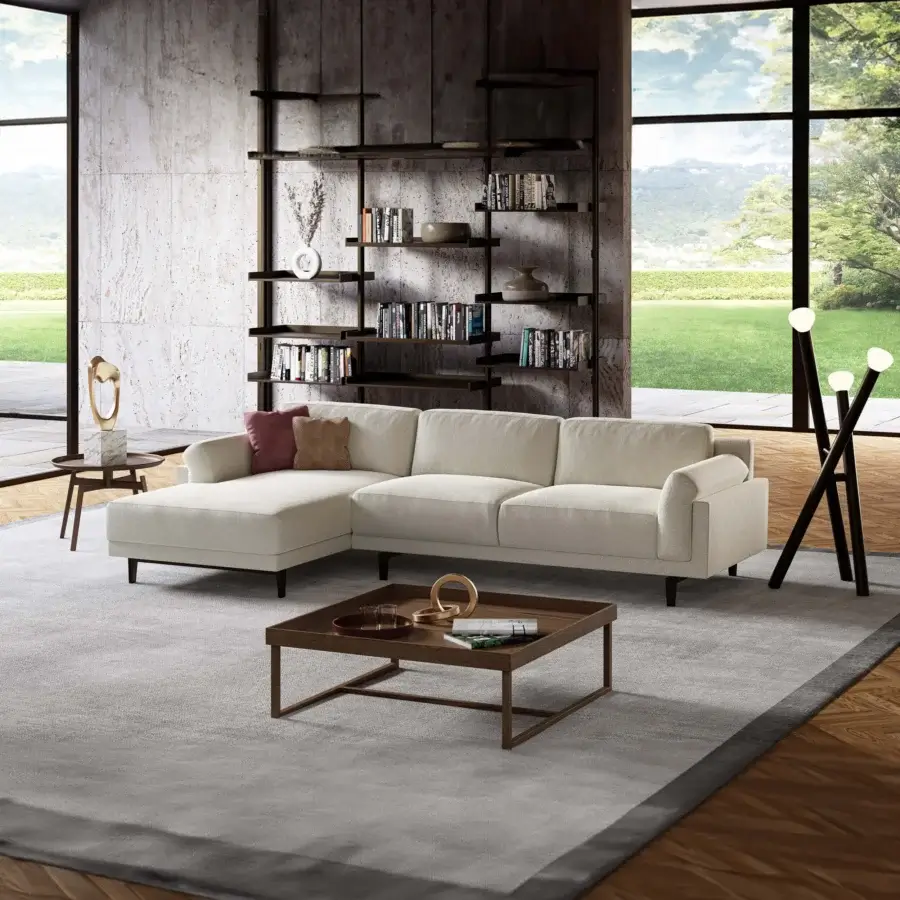 Luxury Swan Italia Berry sectional upholstered in light beige textile with a metal frame and burnished metal feet