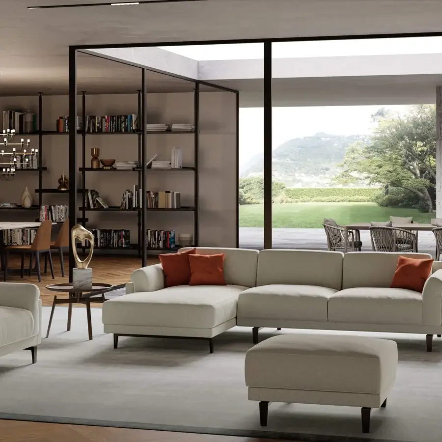 Exceptional Swan Italia Berry sectional upholstered in light beige textile with burnt orange feather cushions and burnished metal feet