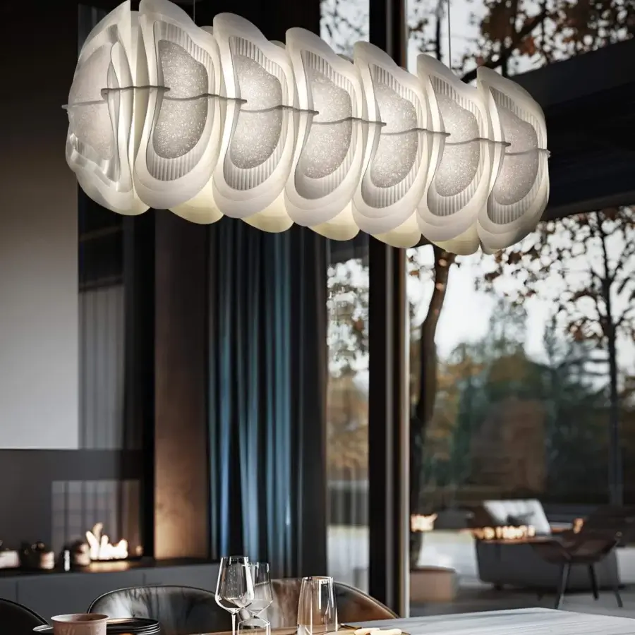Elegant Slamp Fiordlys linear suspension lamp with white Opalflex shades and textured inner surfaces
