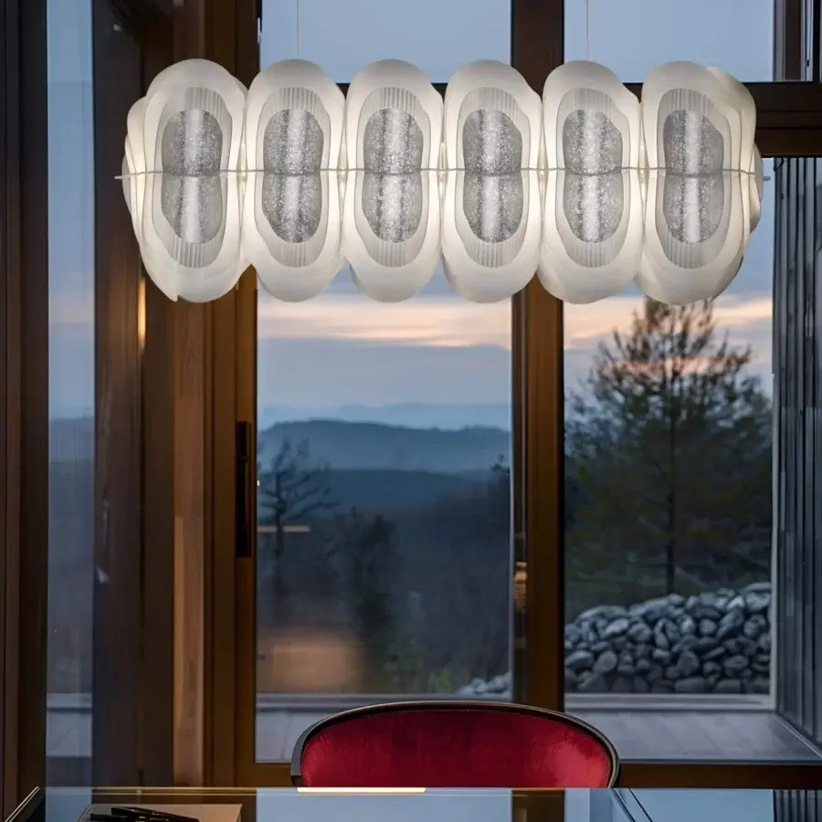 Superior Slamp Fiordlys linear suspension lamp crafted in crisp white Opalflex with cold foil finish