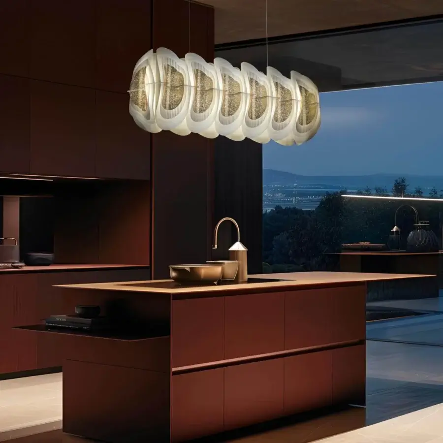 Captivating Slamp Fiordlys linear suspension lamp with shimmering golden inclusions in white Opalflex material