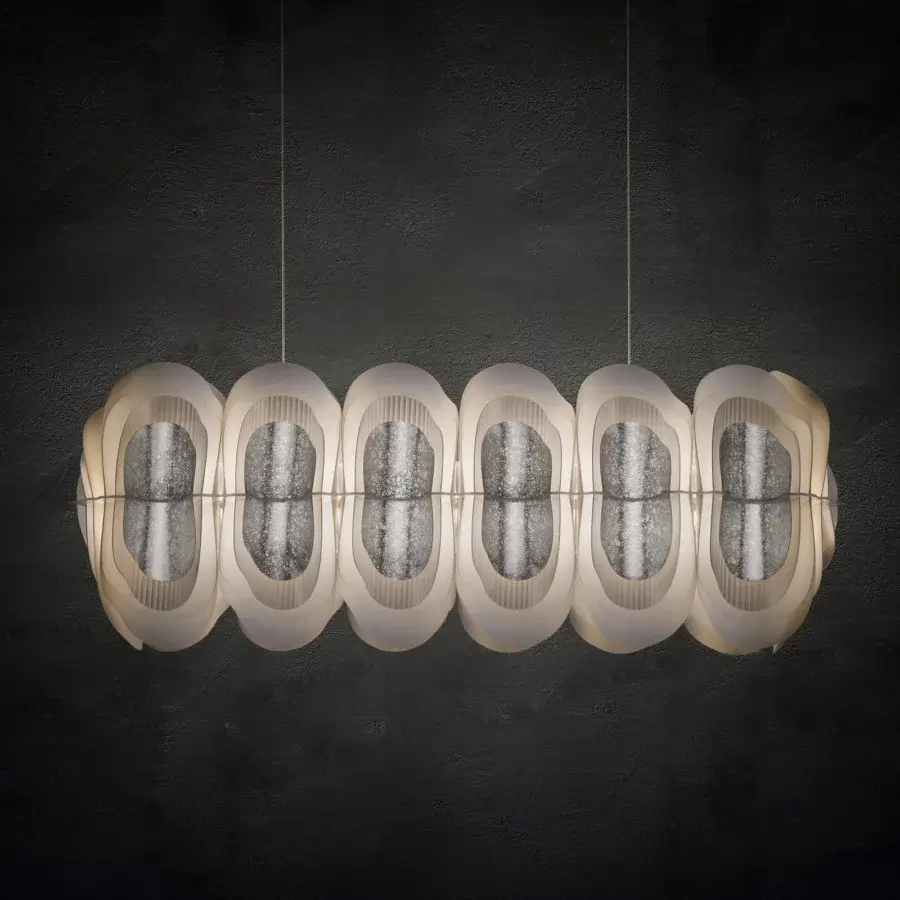 Elegant Slamp Fiordlys linear suspension lamp crafted in off-white Opalflex with a textured gray inner layer