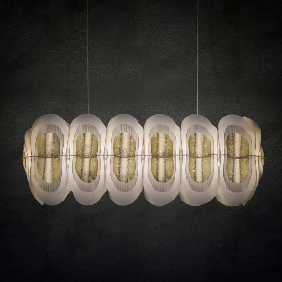 Distinguished Slamp Fiordlys linear suspension lamp crafted in Opalflex and Lentiflex with cold foil and textured gold finish