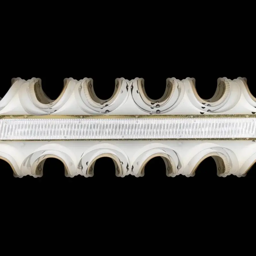 Distinguished Slamp Fiordlys linear suspension lamp in pristine white crafted from Opalflex®, Lentiflex®, and Opalflex® with cold foil