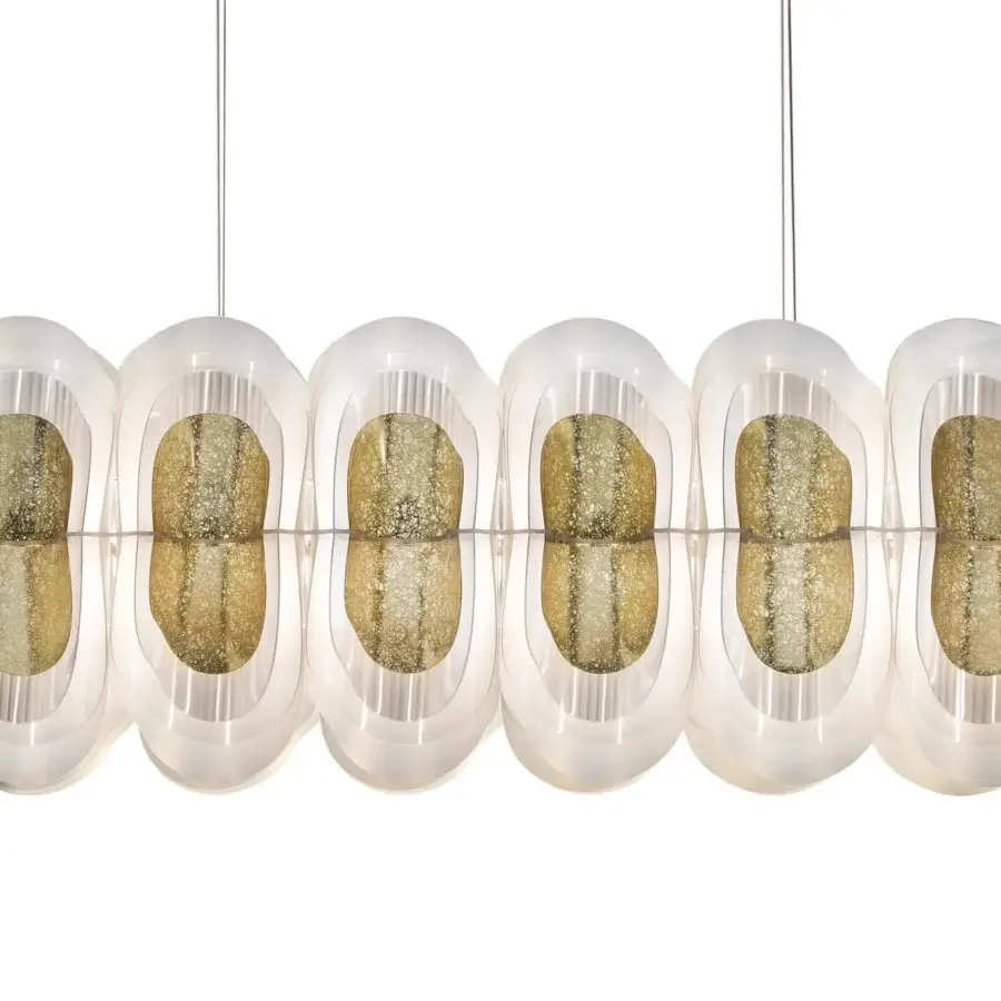Superior Slamp Fiordlys linear suspension lamp crafted from layered Opalflex® with cold foil and shimmering gold finish