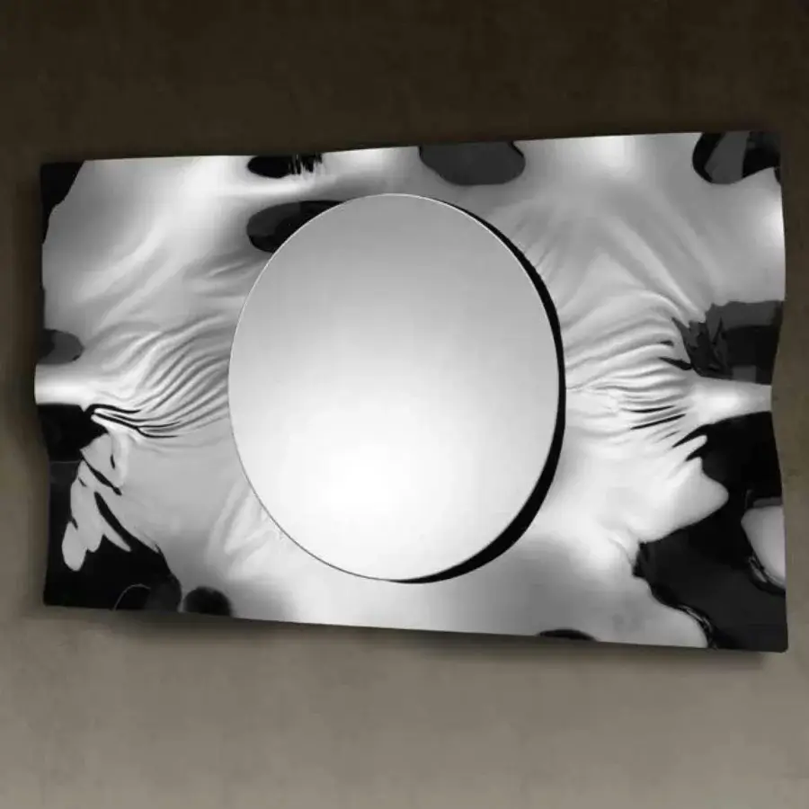 Captivating Reflex Impact Supersilver mirror with undulating supermirror steel frame and extra-clear glass surface in contrasting black and white