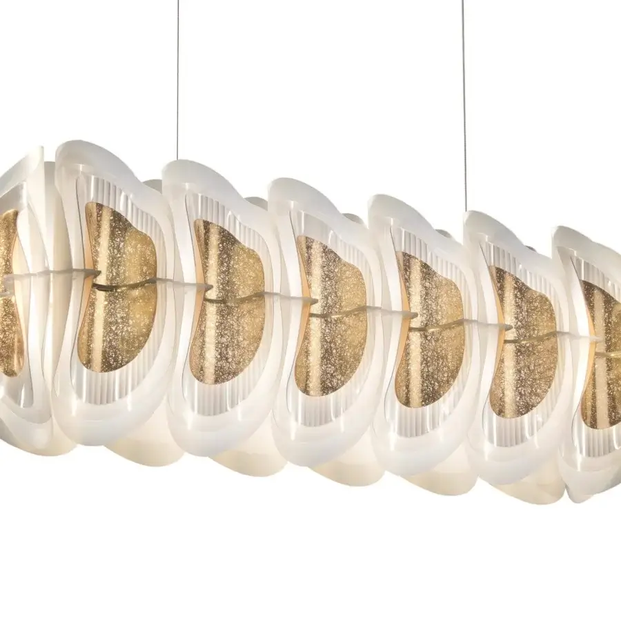 Captivating Slamp Fiordlys linear suspension lamp with repeating Opalflex® elements and textured gold-toned interior