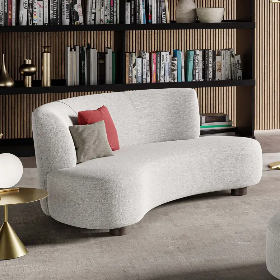 Elegant Swan Italia Venere sofa with round shapes upholstered in light neutral textile and wenge painted wood feet