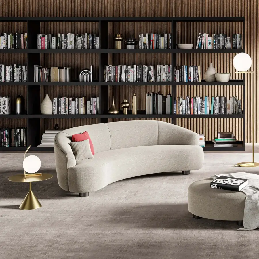 Exceptional Swan Italia Venere sofa with rounded organic shapes upholstered in light beige fabric and wenge painted wood legs