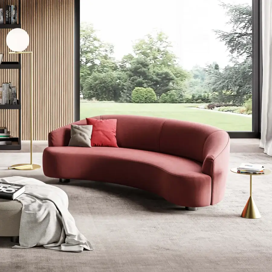 Distinguished Swan Italia Venere sofa with inviting rounded silhouette upholstered in muted rose textile and dark wenge-stained wood legs