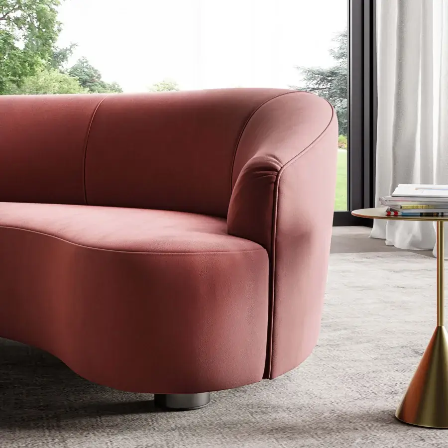 Captivating Swan Italia Venere sofa with rounded form upholstered in muted pink textile and wenge-stained wooden feet with a matte finish