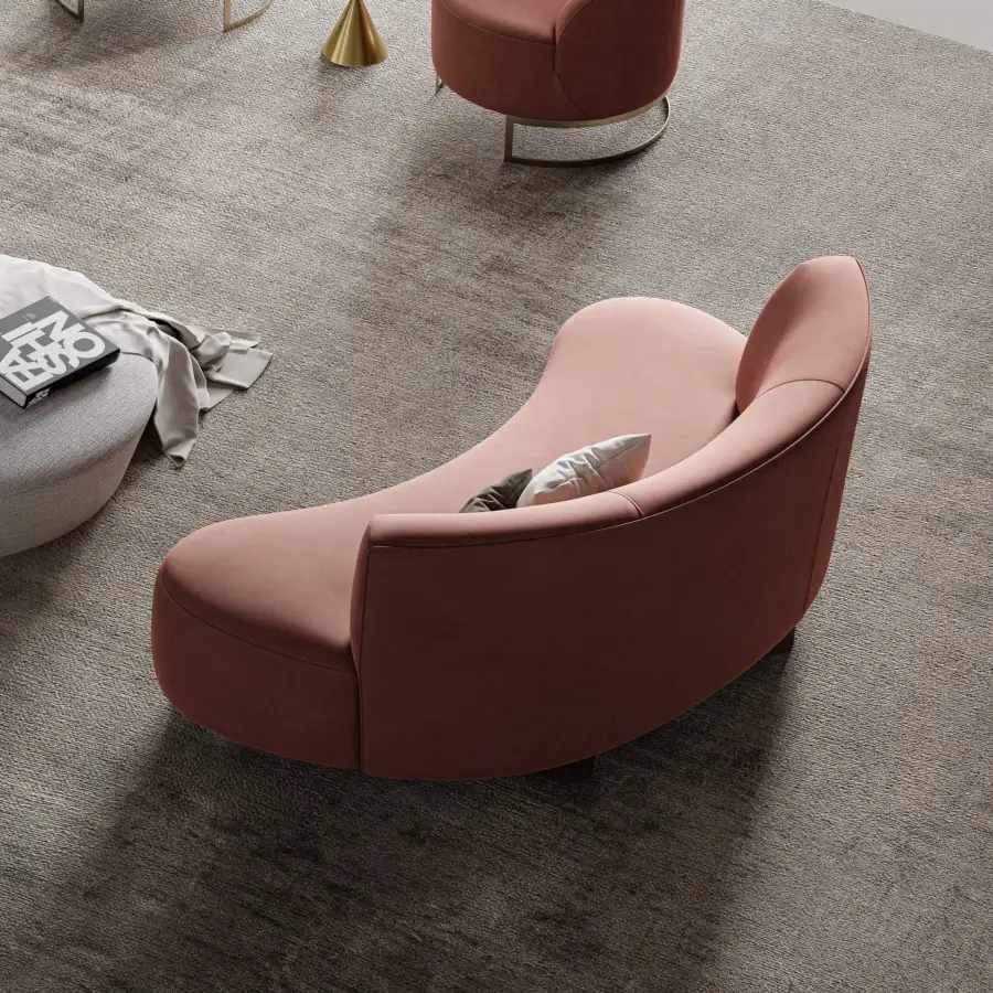 Exclusive Swan Italia Venere sofa with rounded shapes upholstered in muted pinkish-brown textile and wenge painted wood legs