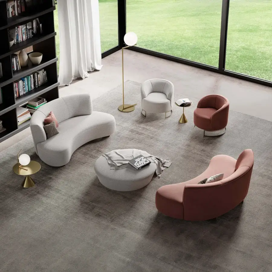 Distinguished Swan Italia Venere sofa embraces with a circular design and light gray removable fabric upholstery with a matte finish