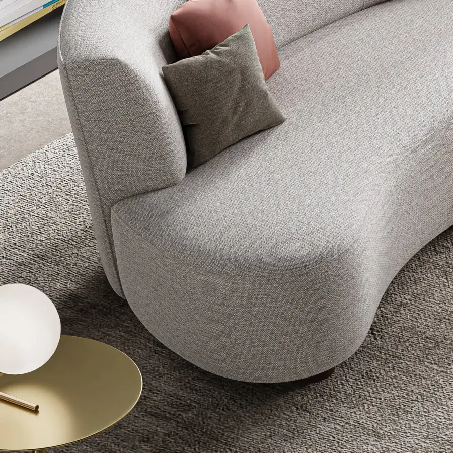 Superior Swan Italia Venere sofa presents organic curves upholstered in light gray woven textile with wenge-painted wood feet