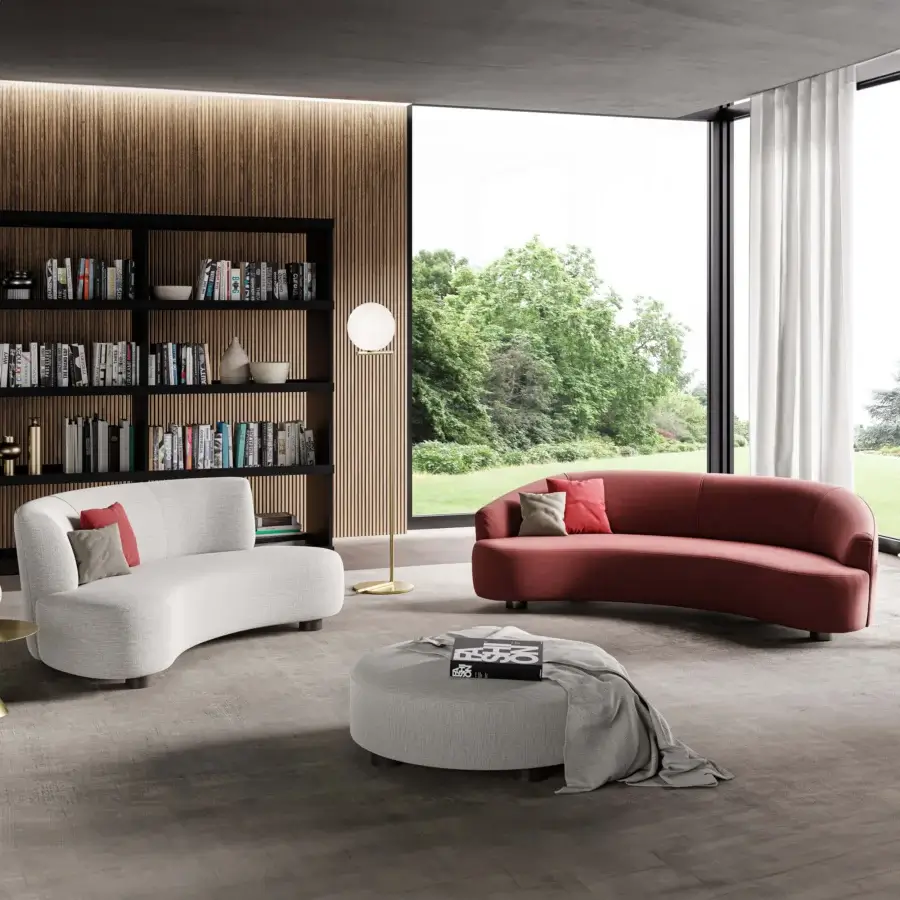 Elegant Swan Italia Venere sofa displays rounded forms upholstered in light gray textured textile with wenge painted wooden feet