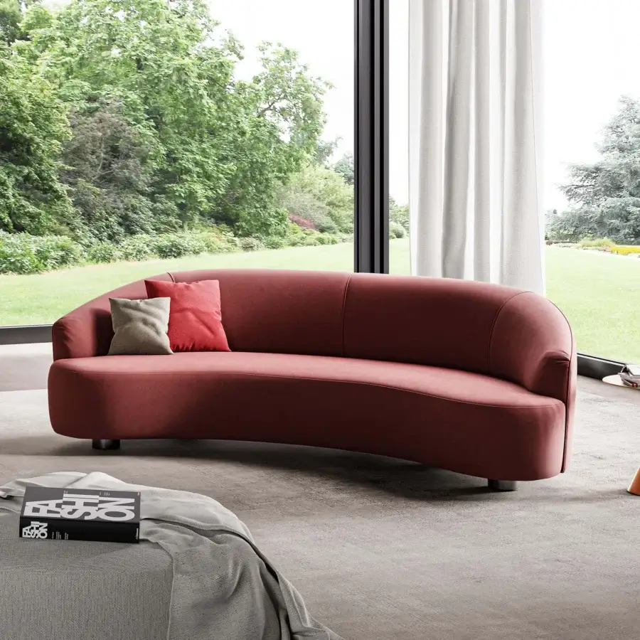 Distinguished Swan Italia Venere sofa presents rounded shapes upholstered in terracotta textile with a matte finish and wenge-painted wood feet