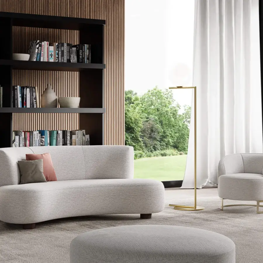 Superior Swan Italia Venere sofa embraces with rounded shapes and light gray textured fabric built with dark-toned wooden feet