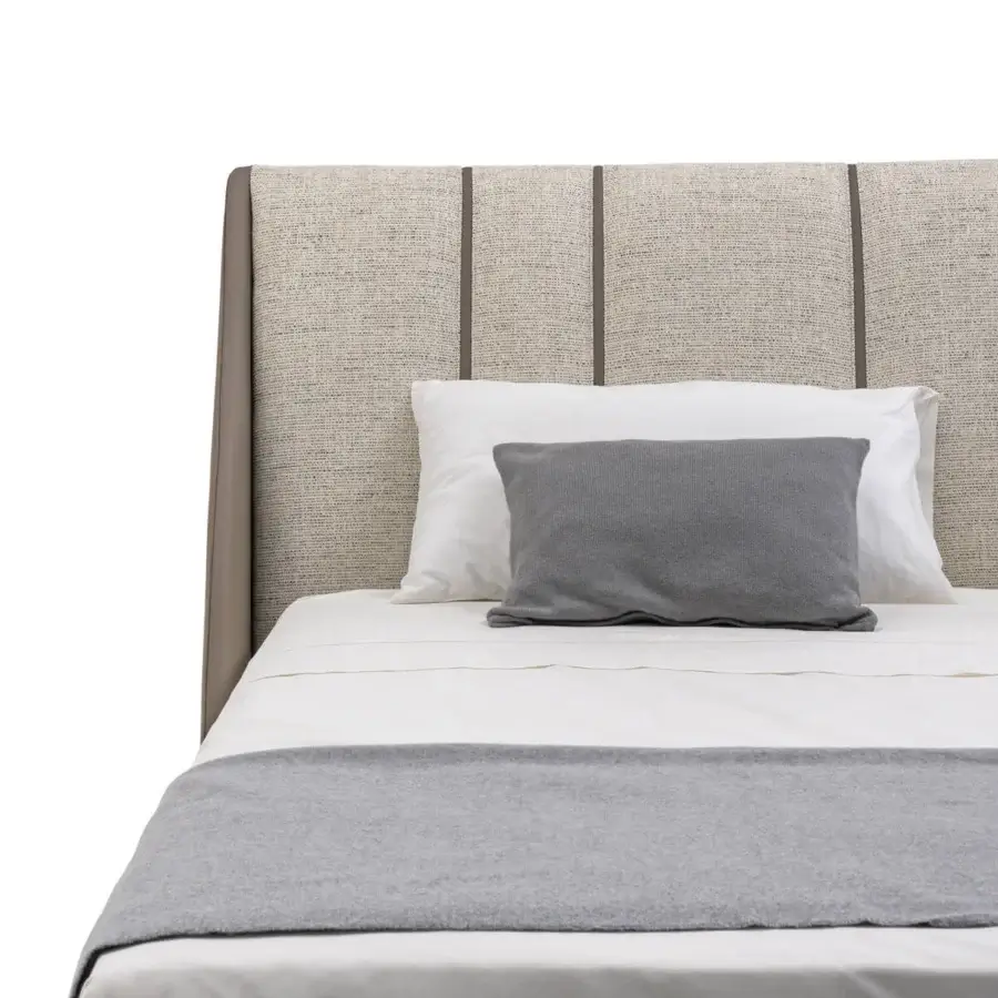 Superior Turri Blues bed presents fully padded construction with textured light beige fabric and smooth light brown accents