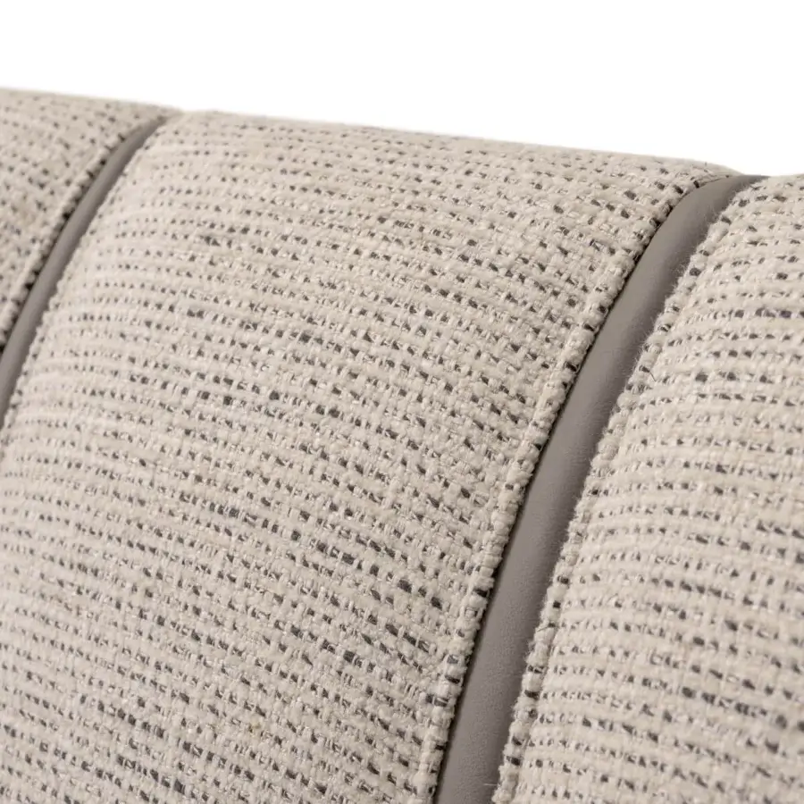 Distinguished Turri Blues bed exhibits fully padded construction in speckled woven textile with gray synthetic strip segmentation and leather accents