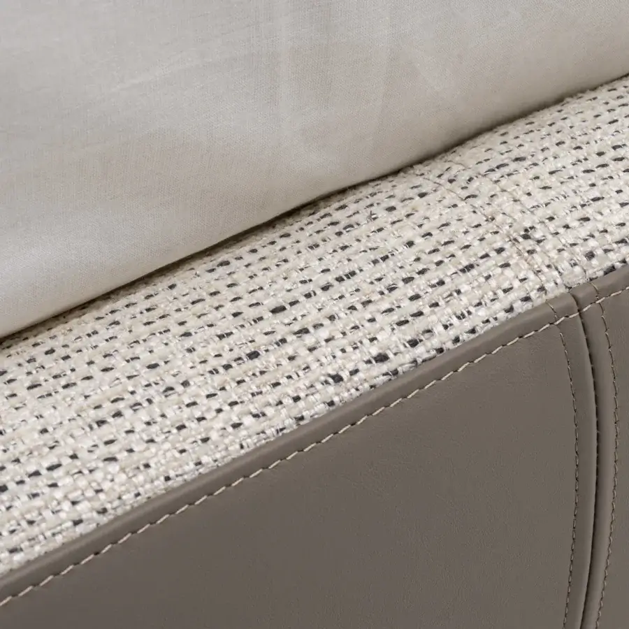 Exceptional Turri Blues bed exhibits tactile neutral textile with light beige fabric and smooth matte taupe upholstery crafted in Italy
