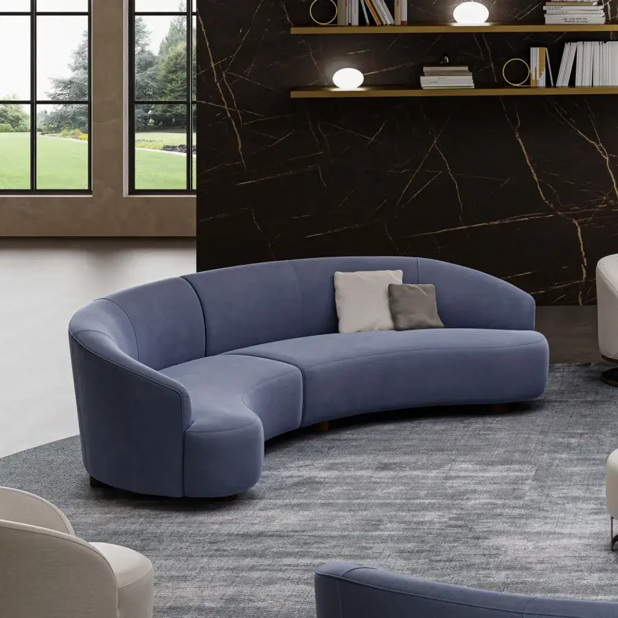 Elegant Swan Italia Venere sectional upholstered in muted blue textile with matte finish and wenge-stained wooden feet