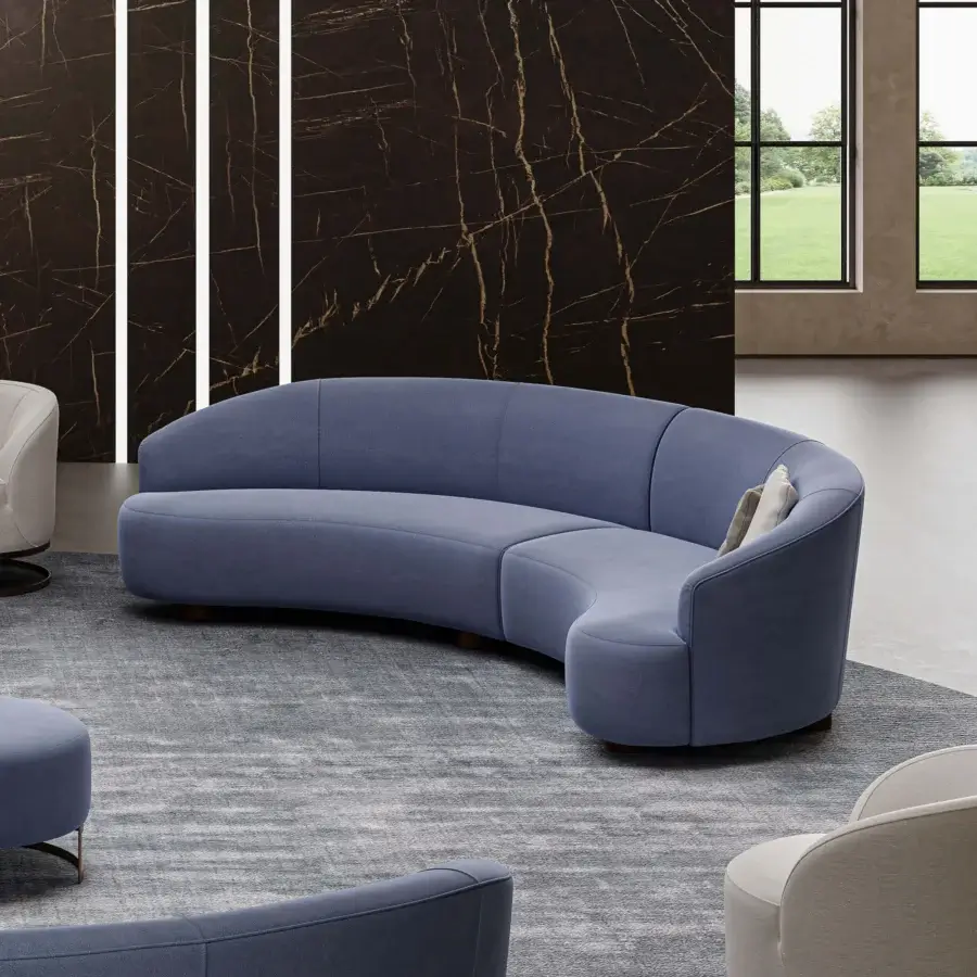 Distinguished Swan Italia Venere sectional upholstered in uniform blue textile with a matte finish and wenge-stained wooden feet