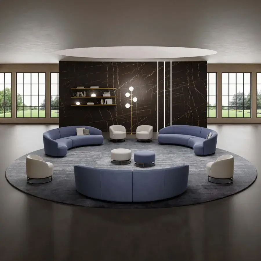 Superior Swan Italia Venere sectional with contemporary circular design and plush blue textile upholstery crafted in Italy