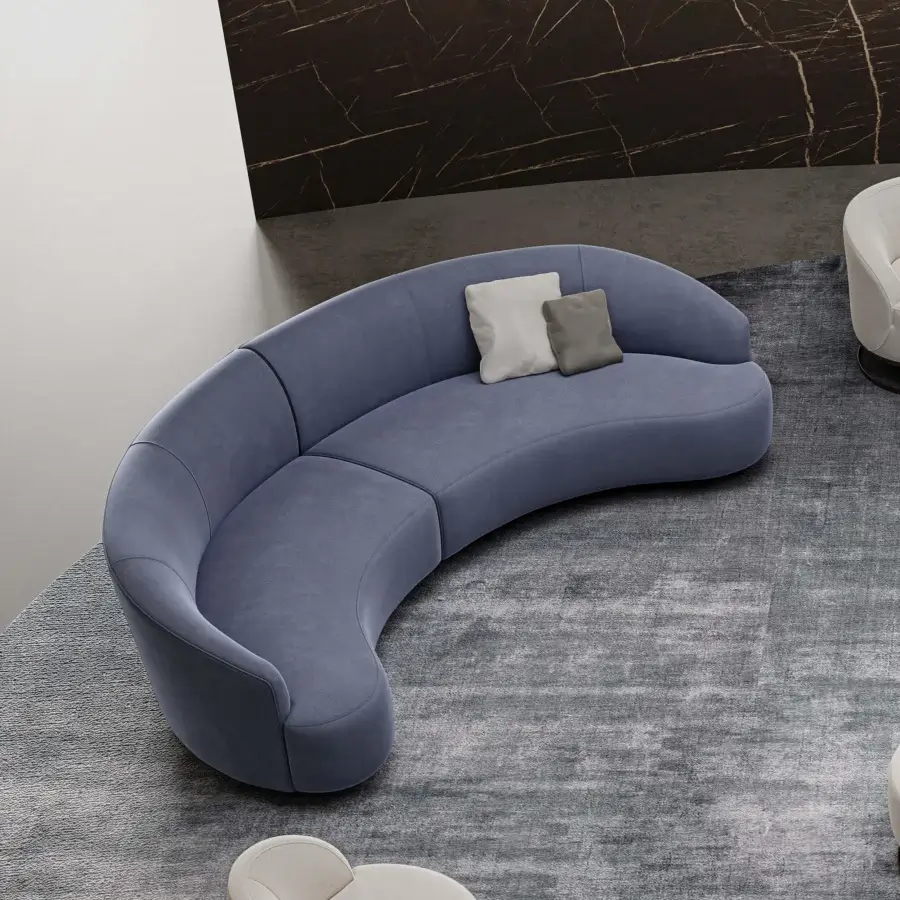 Captivating Swan Italia Venere sectional with embracing curved silhouette upholstered in matte blue textile and wenge-stained wood feet