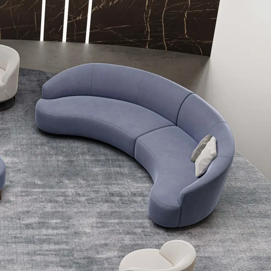 Exclusive Swan Italia Venere sectional with round shapes upholstered in matte blue textile and wenge painted wood legs
