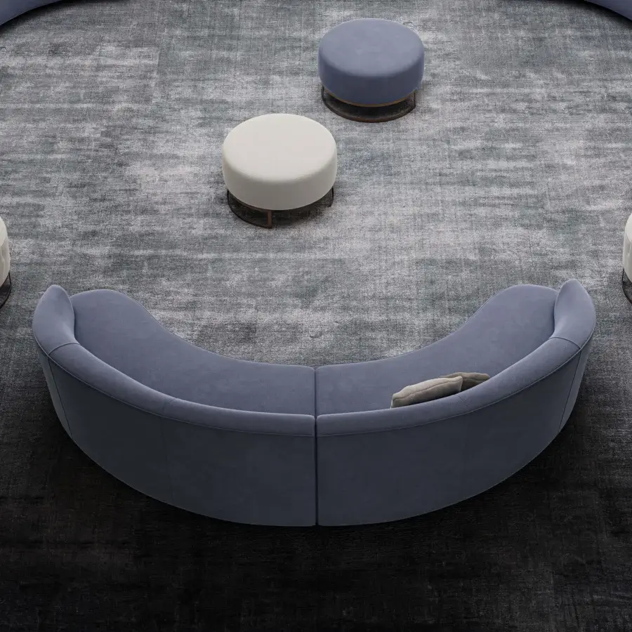 Superior Swan Italia Venere sectional with organic shapes upholstered in bluish-gray textile and wooden frame construction