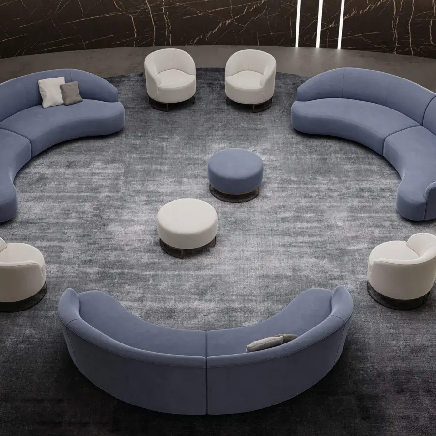 Distinguished Swan Italia Venere sectional embracing design upholstered in soft blue textile with light beige armchairs and wenge wood feet